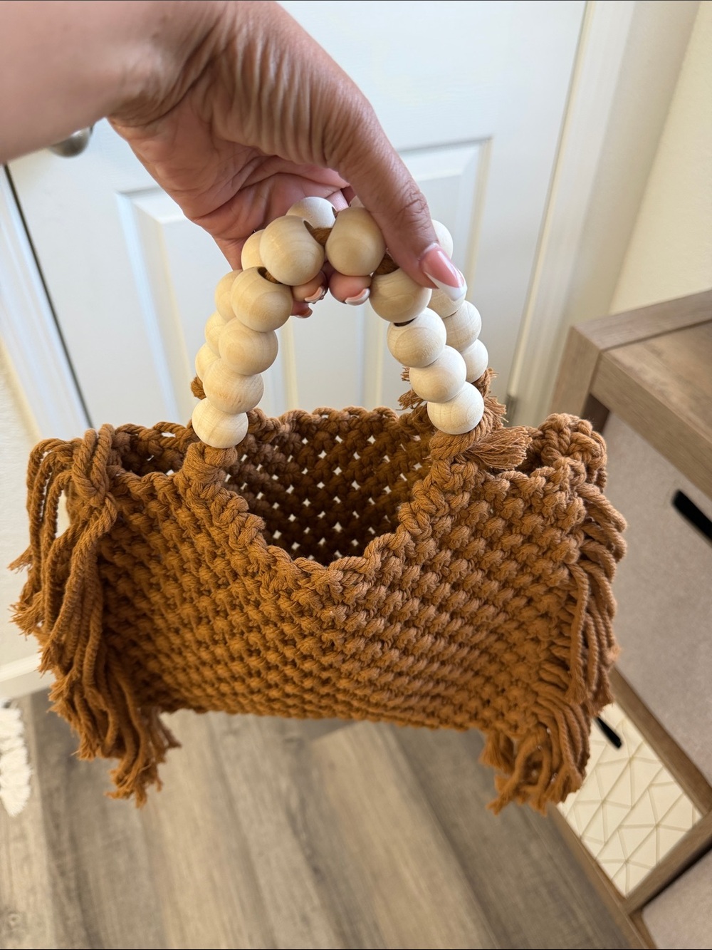 Handmade Macrame Beaded Handle Tote - Rust
